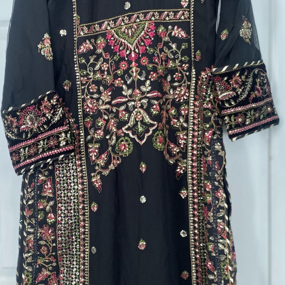 Asim Jofa, brand new Embroidered chiffon Black Dress with Pink and Gold Accents.
